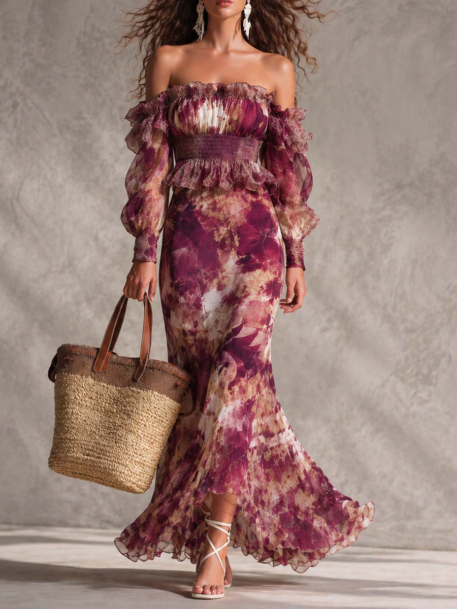 Rosette | Pink Floral Chiffon Maxi Dress with Off-Shoulder Neckline