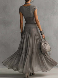 Geneviève | Sheer Black Lace Top and Pleated Maxi Skirt Set