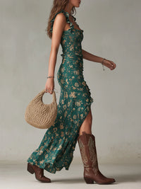 Garance | Green Maxi Boho Print Dress with Ruffle Sleeves