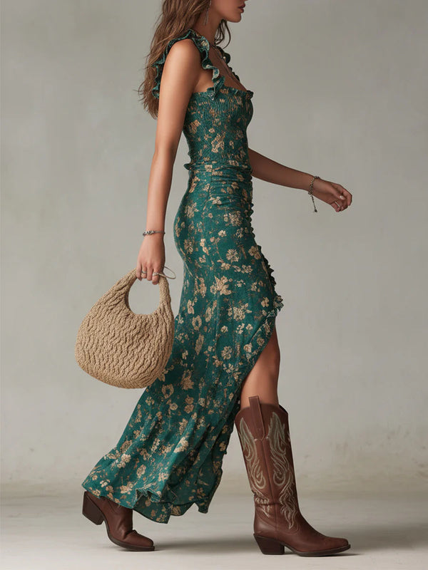 Garance | Green Maxi Boho Print Dress with Ruffle Sleeves