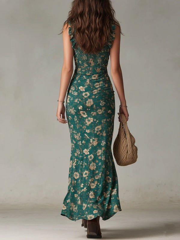Garance | Green Maxi Boho Print Dress with Ruffle Sleeves