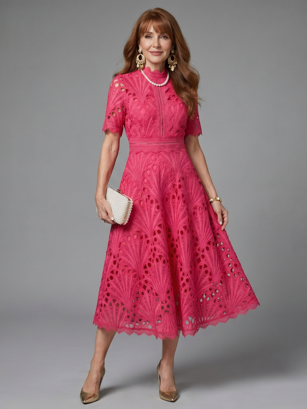 Juno | Short-Sleeve Eyelet Lace Mini Dress with Fitted Waist™