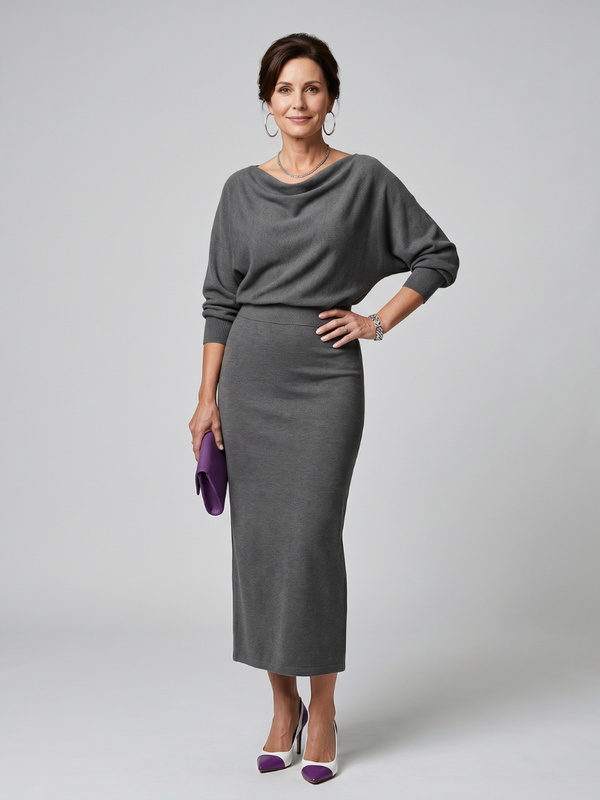 Romy | Midi Dress with Draped Neckline and Fitted Skirt™