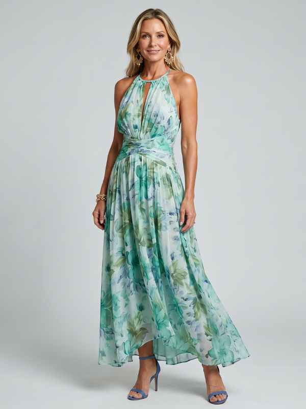 Portia | Pleated Halter Midi Dress with Soft Floral Pattern™