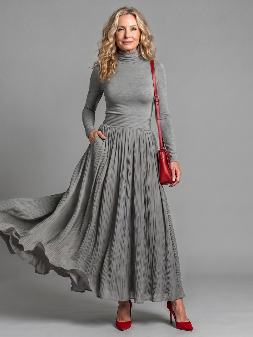 Lana | Midi Dress with Long Sleeves, Turtleneck, and Cinched Waist
