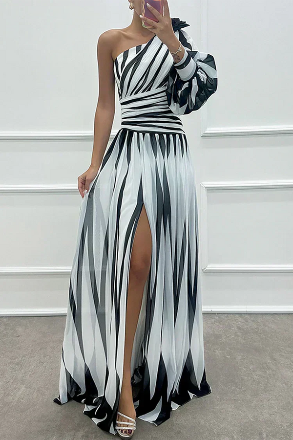 Violet & Grace | Elegant One-Shoulder Striped Maxi Dress™