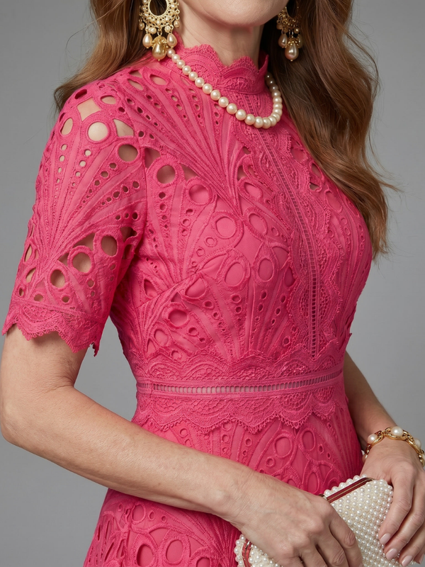 Juno | Short-Sleeve Eyelet Lace Mini Dress with Fitted Waist™