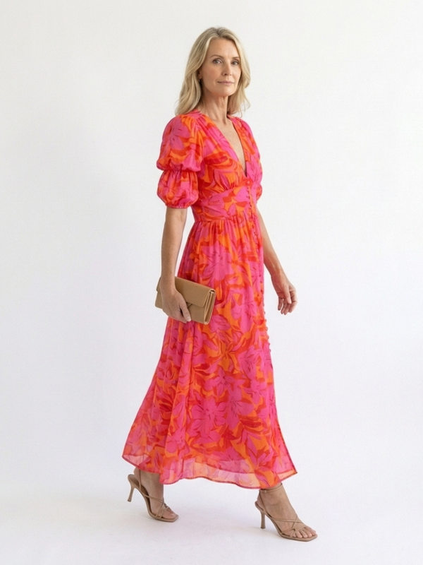 Violet & Grace | Floral Midi Dress with V-Neck and Puffed Sleeves™