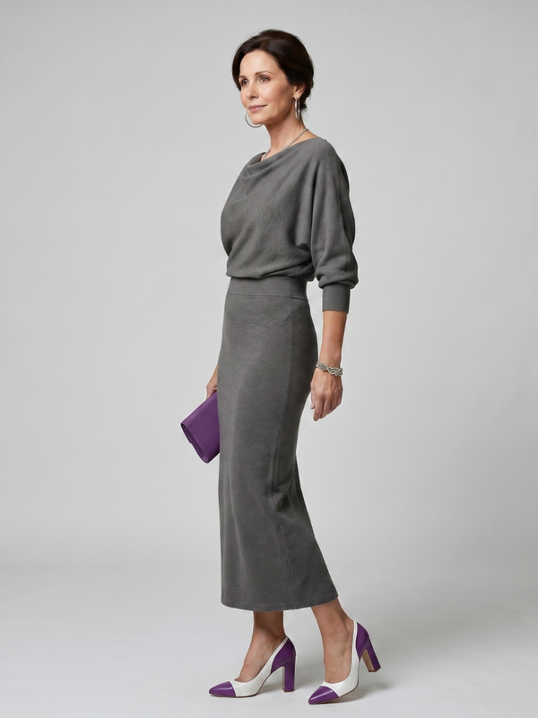 Romy | Midi Dress with Draped Neckline and Fitted Skirt™