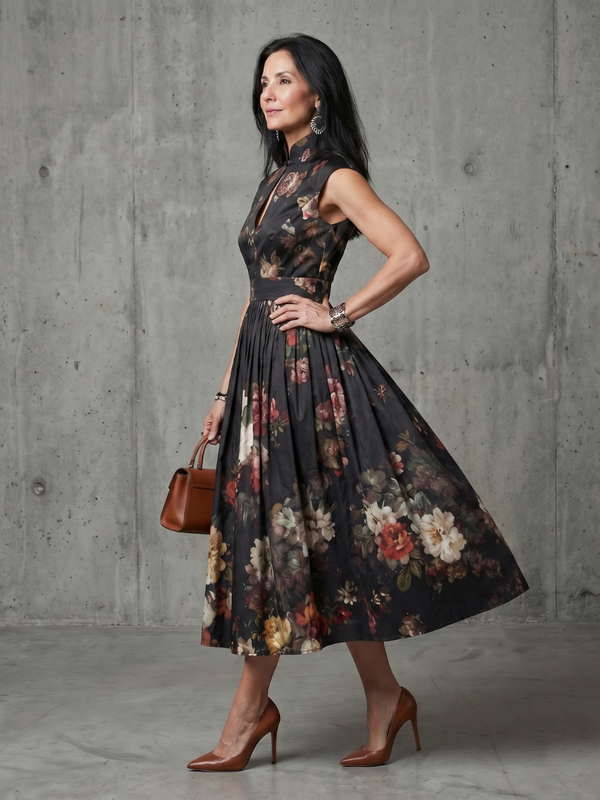 Greta | Pleated Floral Midi Dress with High Neck and Keyhole Cutout™
