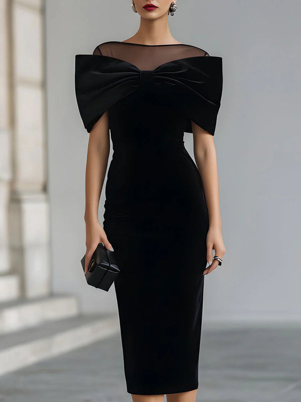 Regina ❘ Black Velvet Midi Dress with Statement Bow™