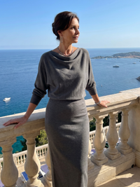 Romy | Midi Dress with Draped Neckline and Fitted Skirt