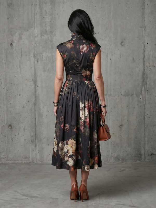 Greta | Pleated Floral Midi Dress with High Neck and Keyhole Cutout™