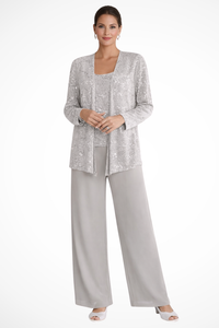 Miriam | Women Sequin Lace Jacket Three Piece Wide Leg Wedding Guest Trouser Suit