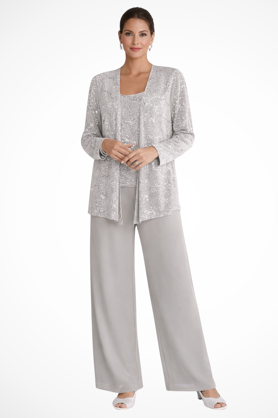 Miriam | Women Sequin Lace Jacket Three Piece Wide Leg Wedding Guest Trouser Suit