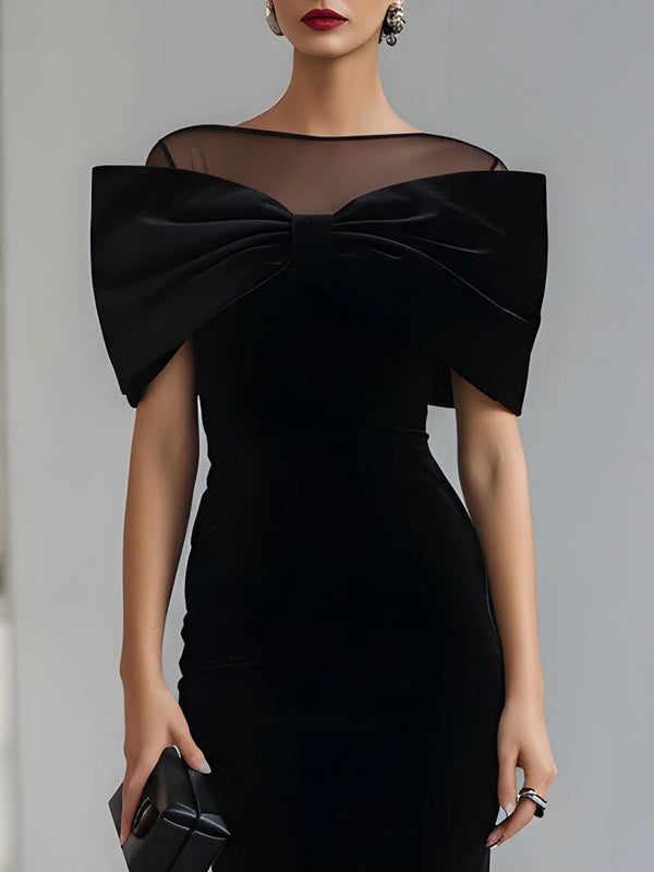 Regina ❘ Black Velvet Midi Dress with Statement Bow™