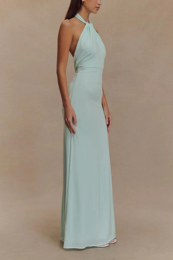 Bronte | Women Halter Neck Twisted Knot Open Back Bodycon Wedding Guest Maxi Dress