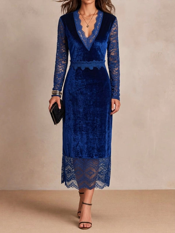 Adrienne | Midnight Blue Velvet Midi Dress with V-Neck and Lace Sleeves
