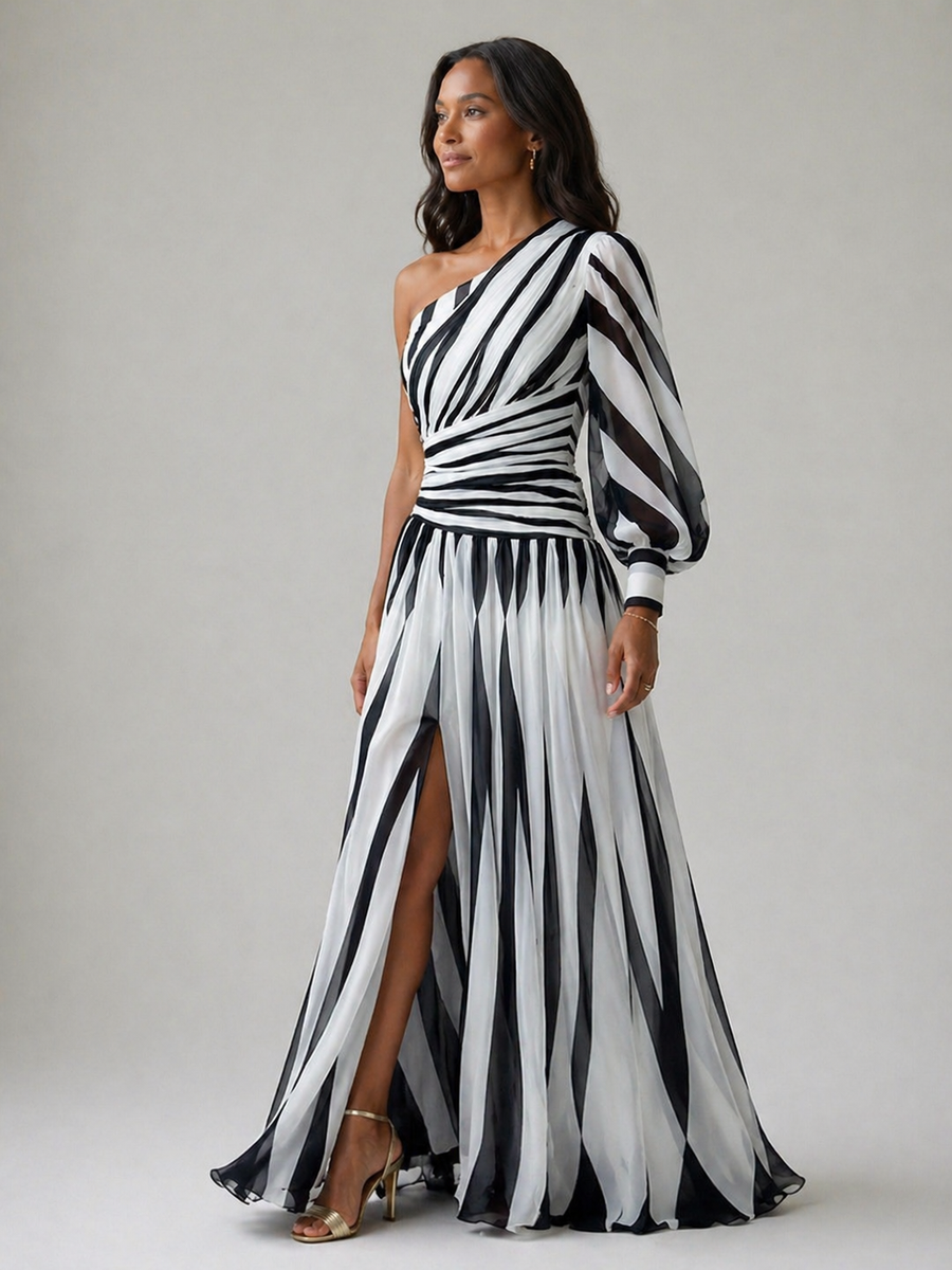Violet & Grace | Elegant One-Shoulder Striped Maxi Dress™