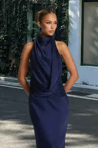 Ottilie | Women Halter Neck Draped Satin Wedding Guest Maxi Dress