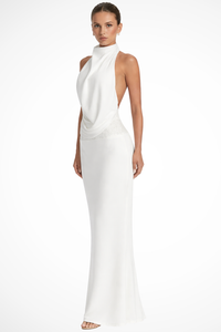 Ottilie | Women Halter Neck Draped Satin Wedding Guest Maxi Dress