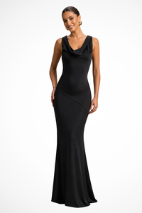 Isadora | Women Satin Cowl Neck Fitted Wedding Guest Maxi Dress