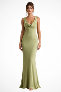 Isadora | Women Satin Cowl Neck Fitted Wedding Guest Maxi Dress