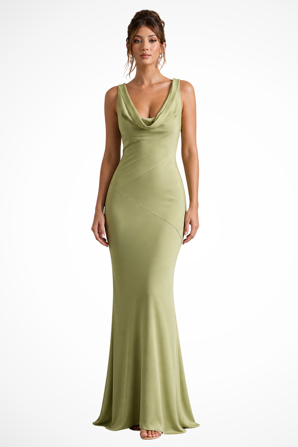 Isadora | Women Satin Cowl Neck Fitted Wedding Guest Maxi Dress