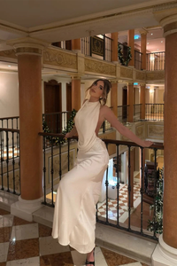Ottilie | Women Halter Neck Draped Satin Wedding Guest Maxi Dress