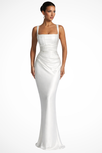 Vivienne | Women Square Neck Ruched Satin Maxi Wedding Guest Dress