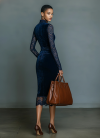 Adrienne | Midnight Blue Velvet Midi Dress with V-Neck and Lace Sleeves