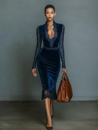 Adrienne | Midnight Blue Velvet Midi Dress with V-Neck and Lace Sleeves