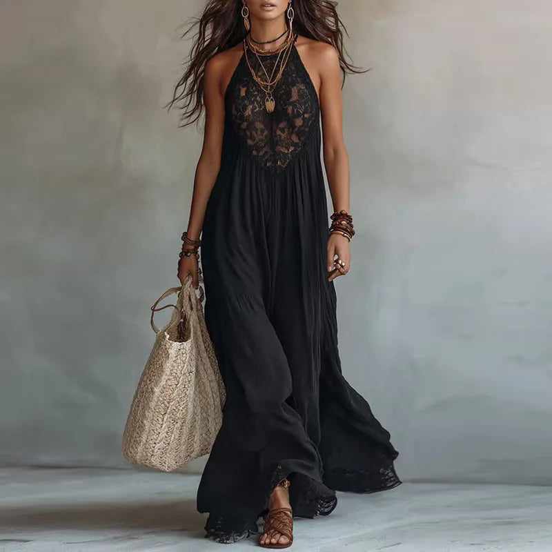 JADE | Maxi Lace Halter Dress with Open Back