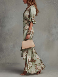 Anastasia | Long Satin Dress with Floral Print