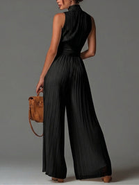 Victoire | Black Chiffon Jumpsuit with V-Neck and Wide Pleated Trousers