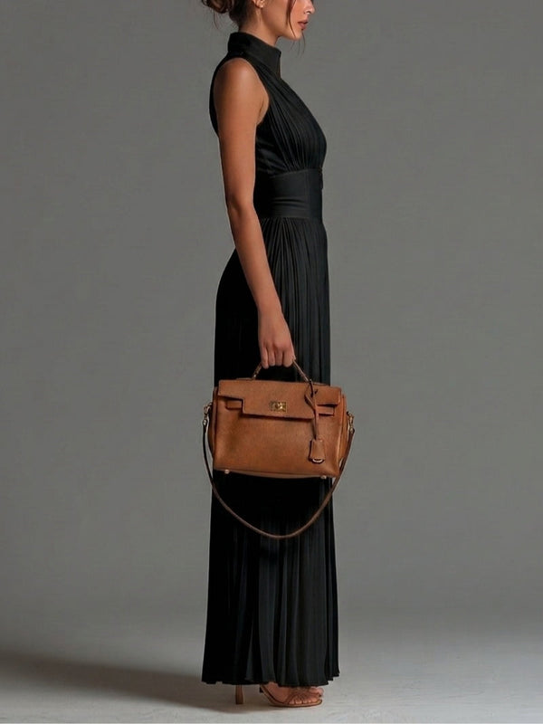 Victoire | Black Chiffon Jumpsuit with V-Neck and Wide Pleated Trousers