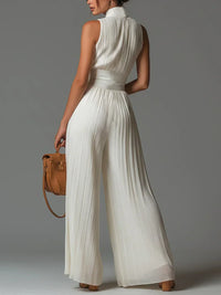 Victoire | Black Chiffon Jumpsuit with V-Neck and Wide Pleated Trousers