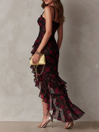Rosalie | Black and Red Mini Floral Dress with Gathered Ruffle Hem