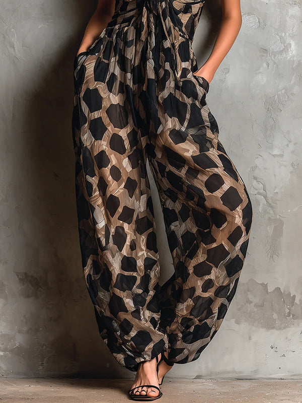 Roberte | Animal Print Chiffon Wide Leg Jumpsuit with Halter Neck