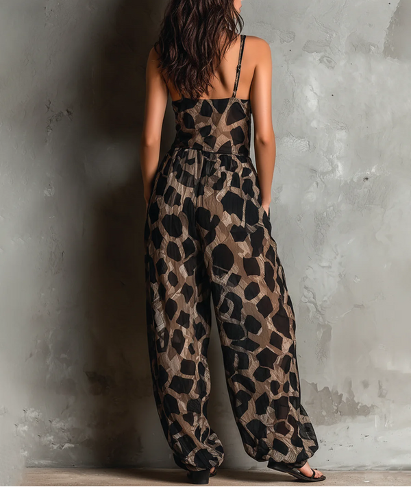 Roberte | Animal Print Chiffon Wide Leg Jumpsuit with Halter Neck
