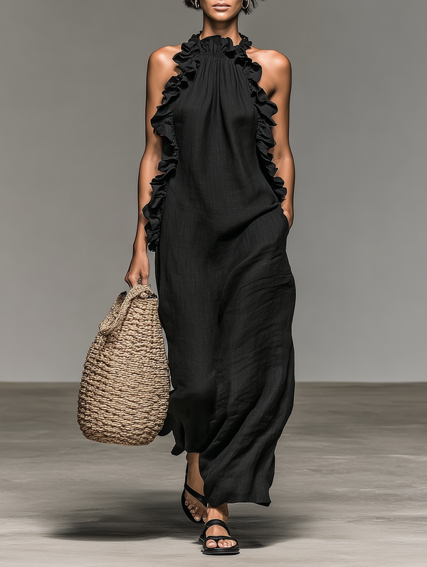Μαύρο μάξι λινό φόρεμα Lucile με βολάν, μπροστινή όψη