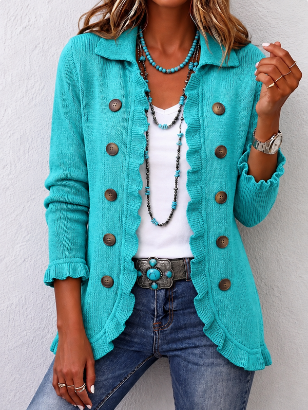 Sylvaine | Rib Knit Cardigan in Turquoise with Ruffles™