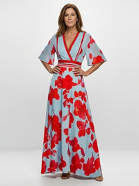 Floral Maxi Dress with V-Neck and Short Sleeves™