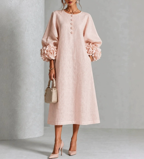 Chambray Denim Midi Dress with 3D Rosettes on the Sleeves™