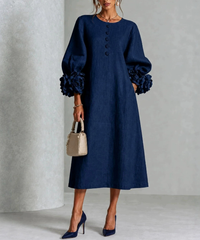 Chambray Denim Midi Dress with 3D Rosettes on the Sleeves™