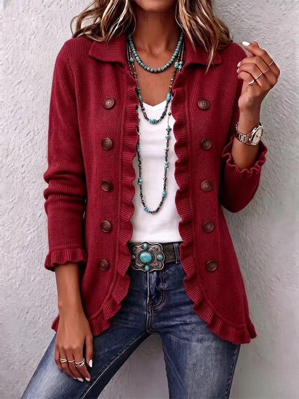 Marthe | Rib Knitted Ruby Red Cardigan with Ruffles™