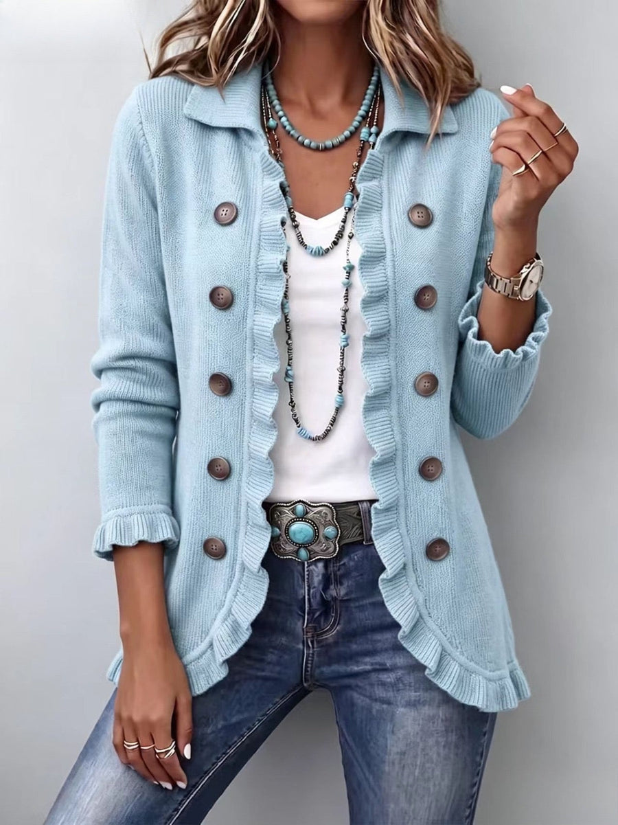 Perrine | Rib Knit Jacket in Powder Blue with Ruffles™