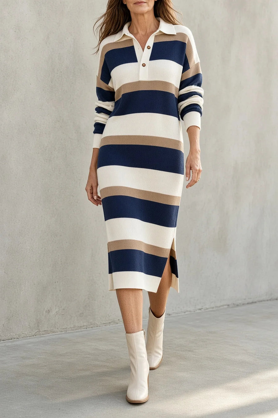 TARA | STRIPED COLLARED KNIT MIDI DRESS