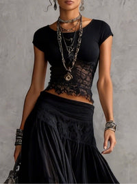Geneviève | Sheer Black Lace Top and Pleated Maxi Skirt Set
