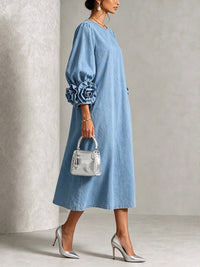 Chambray Denim Midi Dress with 3D Rosettes on the Sleeves™